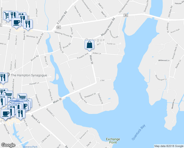 map of restaurants, bars, coffee shops, grocery stores, and more near 546 Main Street in Westhampton Beach