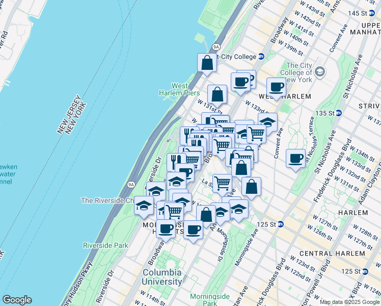 map of restaurants, bars, coffee shops, grocery stores, and more near 64 Tiemann Place in New York