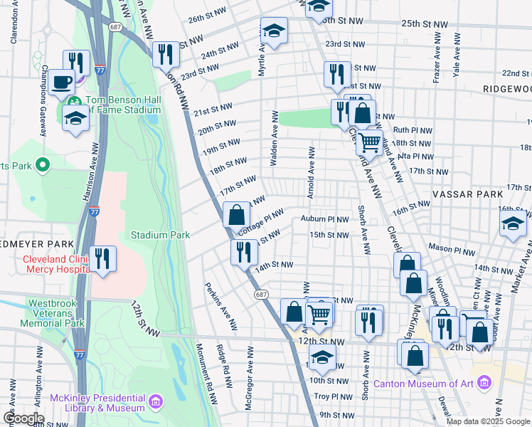 map of restaurants, bars, coffee shops, grocery stores, and more near 1319 Cottage Place Northwest in Canton