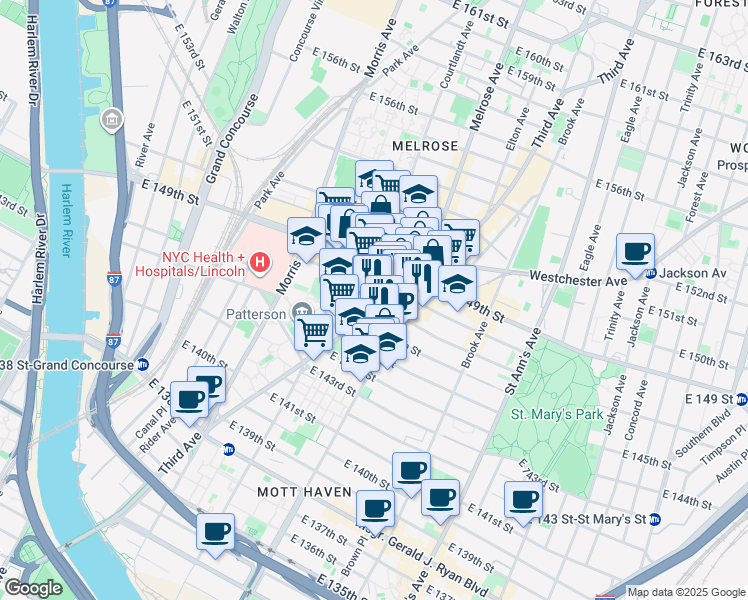 map of restaurants, bars, coffee shops, grocery stores, and more near 2779 3rd Avenue in The Bronx