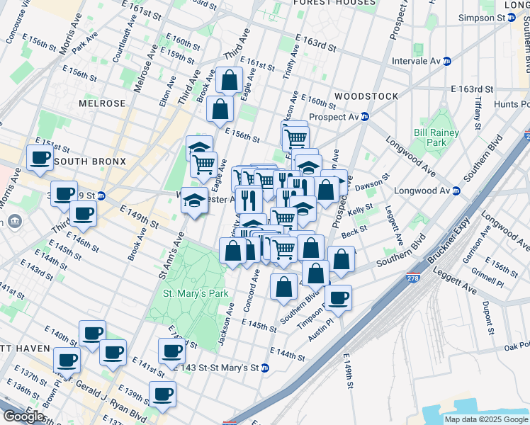 map of restaurants, bars, coffee shops, grocery stores, and more near 630 Jackson Avenue in Bronx