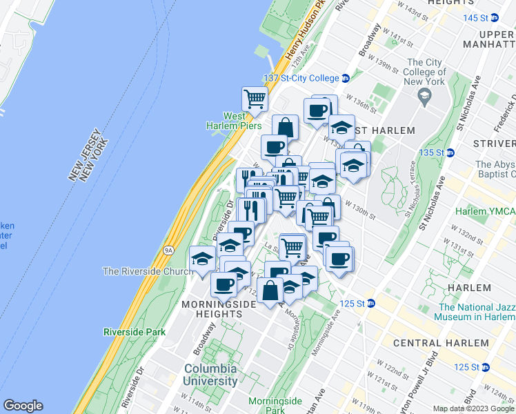 map of restaurants, bars, coffee shops, grocery stores, and more near 58 Tiemann Place in New York