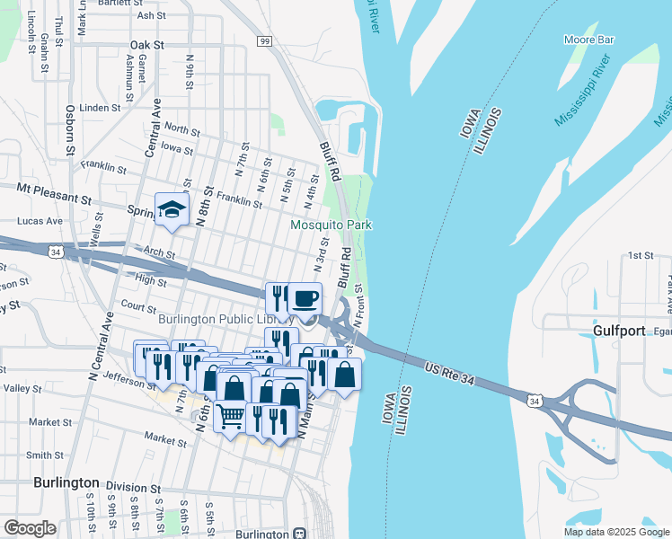 map of restaurants, bars, coffee shops, grocery stores, and more near 201 Spring Street in Burlington