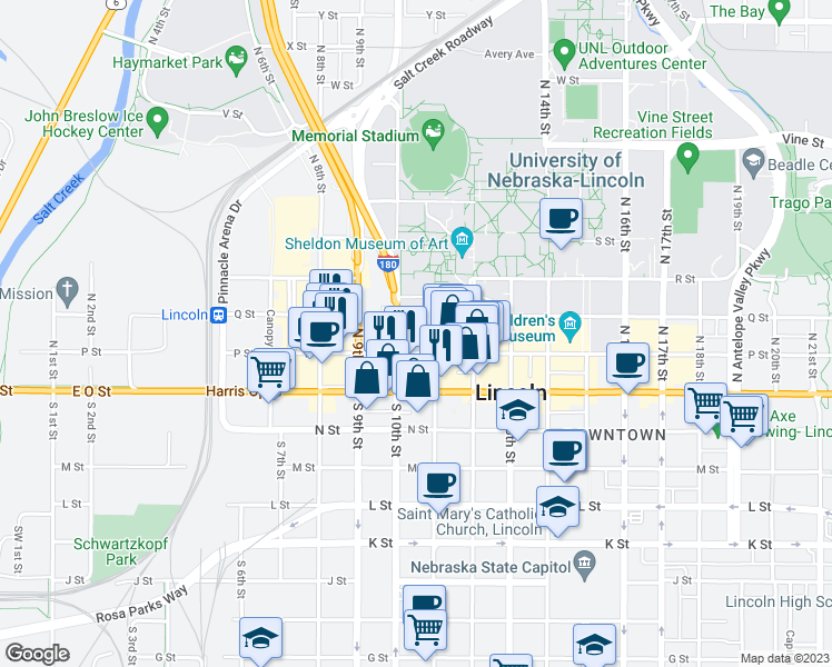 map of restaurants, bars, coffee shops, grocery stores, and more near 1040 P Street in Lincoln