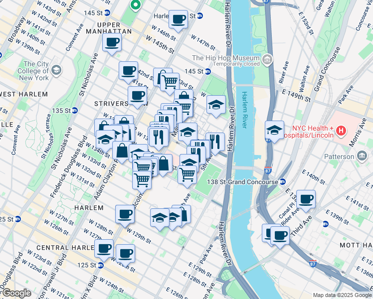 map of restaurants, bars, coffee shops, grocery stores, and more near 43 West 137th Street in New York
