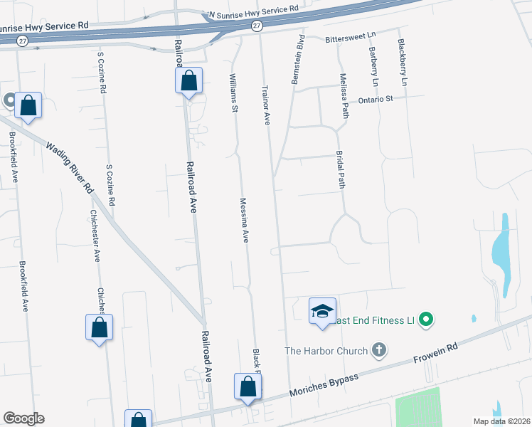 map of restaurants, bars, coffee shops, grocery stores, and more near 15 Messina Avenue in Center Moriches