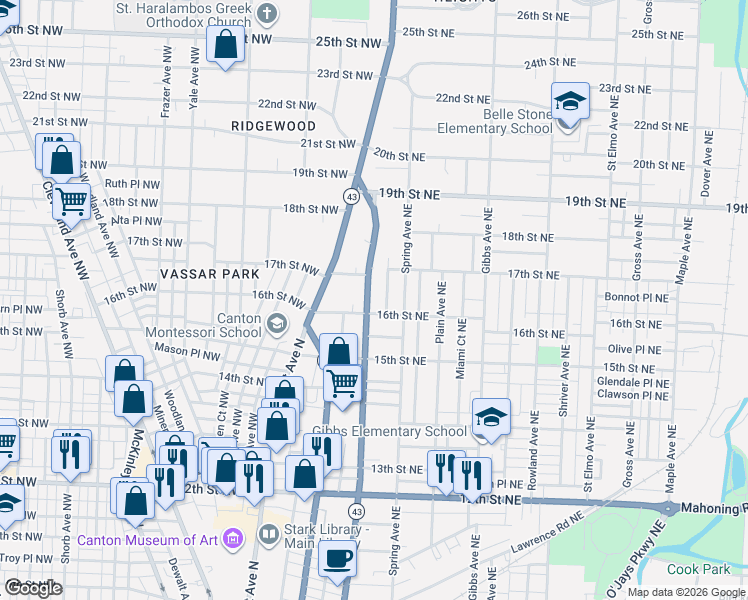 map of restaurants, bars, coffee shops, grocery stores, and more near 1602 Cherry Avenue Northeast in Canton