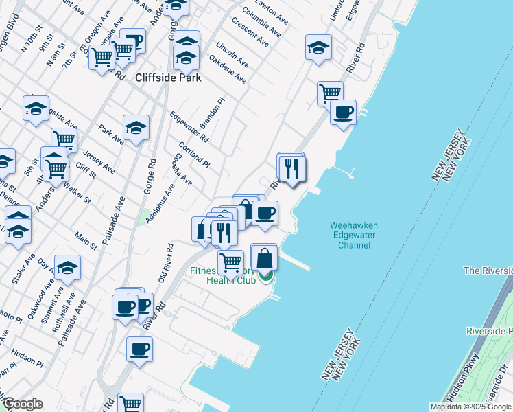 map of restaurants, bars, coffee shops, grocery stores, and more near 543 River Road in Edgewater