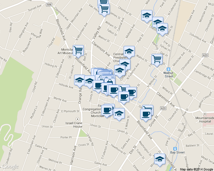 map of restaurants, bars, coffee shops, grocery stores, and more near 513 Bloomfield Avenue in Montclair
