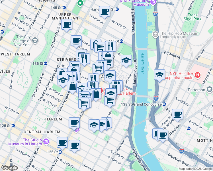 map of restaurants, bars, coffee shops, grocery stores, and more near 43 West 137th Street in New York