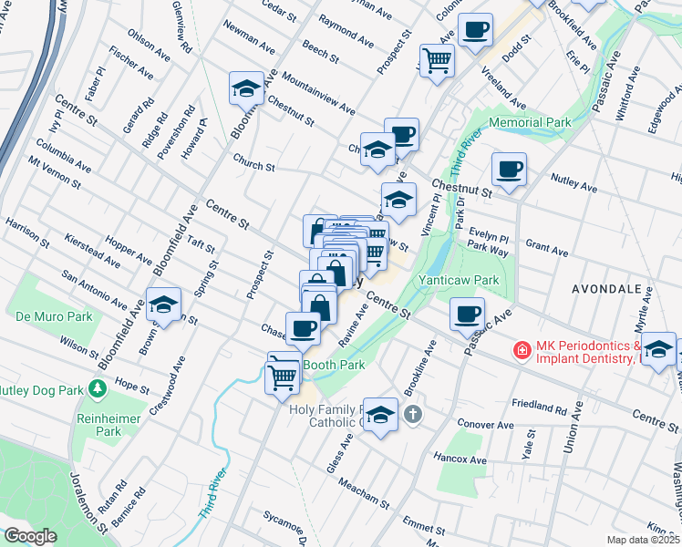 map of restaurants, bars, coffee shops, grocery stores, and more near 397 Centre Street in Nutley