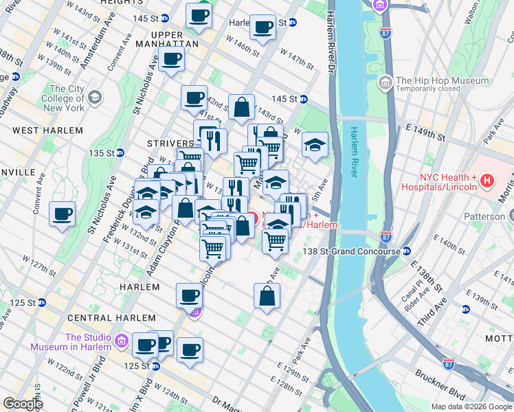 map of restaurants, bars, coffee shops, grocery stores, and more near 67 West 137th Street in New York