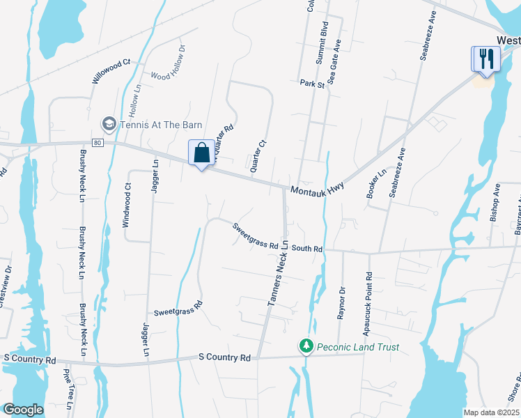 map of restaurants, bars, coffee shops, grocery stores, and more near 6 Wintergreen Lane in Westhampton