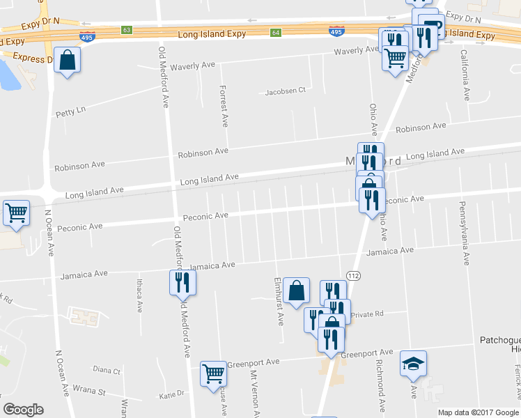 map of restaurants, bars, coffee shops, grocery stores, and more near 264 Peconic Avenue in Medford