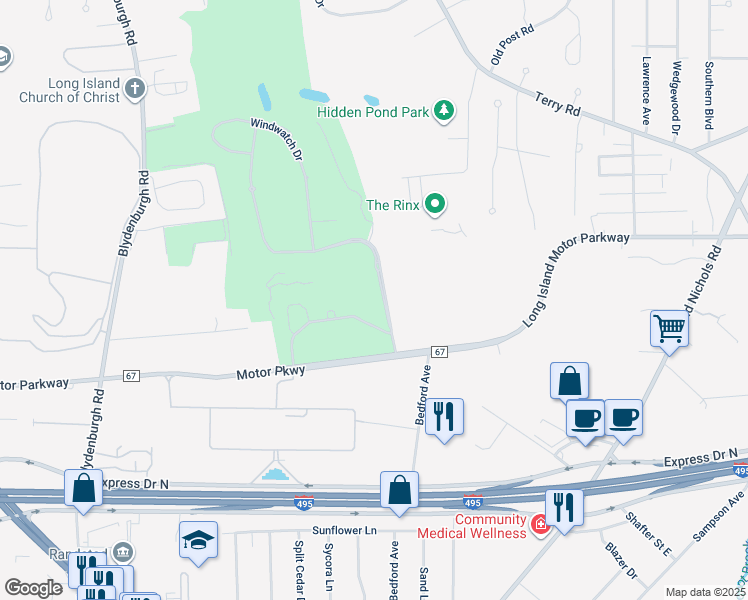 map of restaurants, bars, coffee shops, grocery stores, and more near 1721 Motor Parkway in Hauppauge