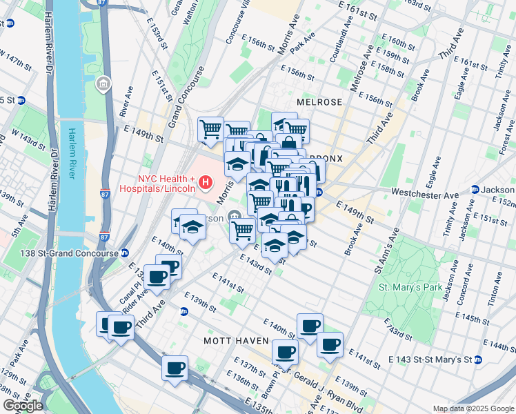 map of restaurants, bars, coffee shops, grocery stores, and more near 327 East 145th Street in The Bronx