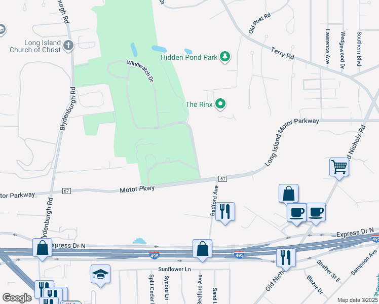 map of restaurants, bars, coffee shops, grocery stores, and more near 14-86 Hamlet Drive in Hauppauge