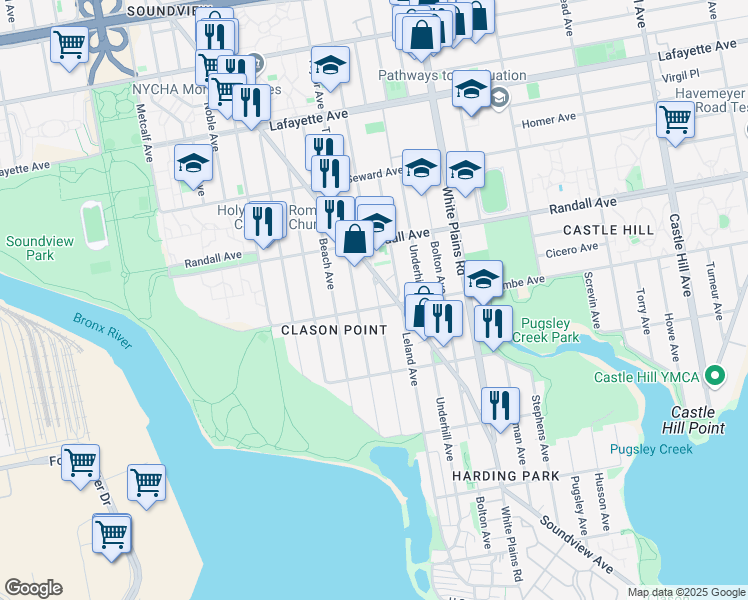 map of restaurants, bars, coffee shops, grocery stores, and more near 459 Taylor Avenue in Bronx
