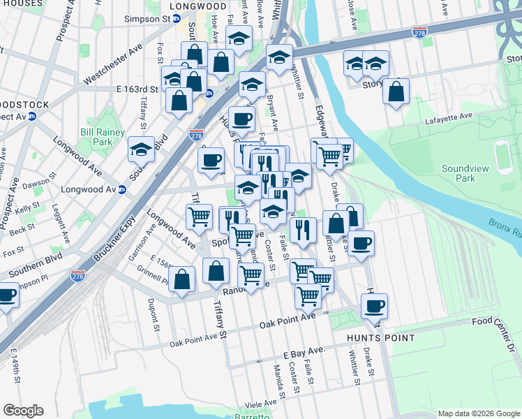 map of restaurants, bars, coffee shops, grocery stores, and more near 711 Faile Street in Bronx