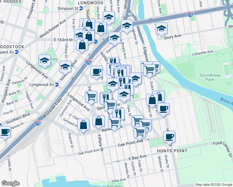 map of restaurants, bars, coffee shops, grocery stores, and more near in The Bronx