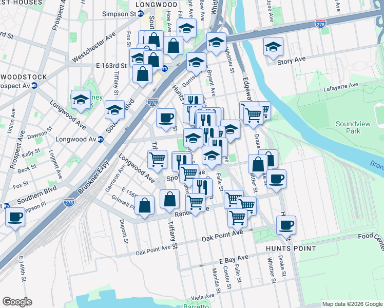 map of restaurants, bars, coffee shops, grocery stores, and more near in The Bronx