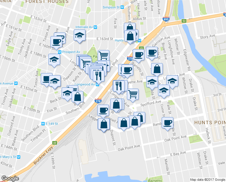 map of restaurants, bars, coffee shops, grocery stores, and more near 1097 Longwood Avenue in Bronx