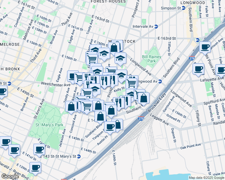 map of restaurants, bars, coffee shops, grocery stores, and more near 835b East 152nd Street in The Bronx