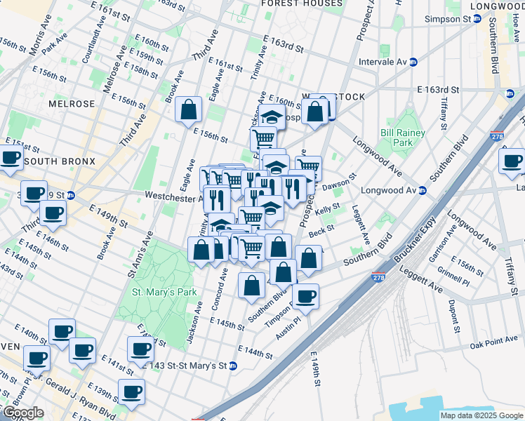 map of restaurants, bars, coffee shops, grocery stores, and more near 633 Wales Avenue in The Bronx