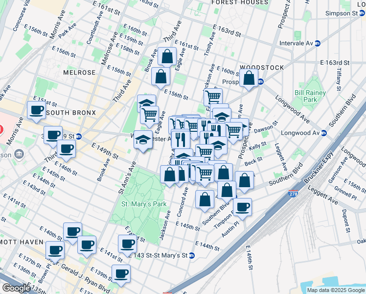 map of restaurants, bars, coffee shops, grocery stores, and more near in The Bronx