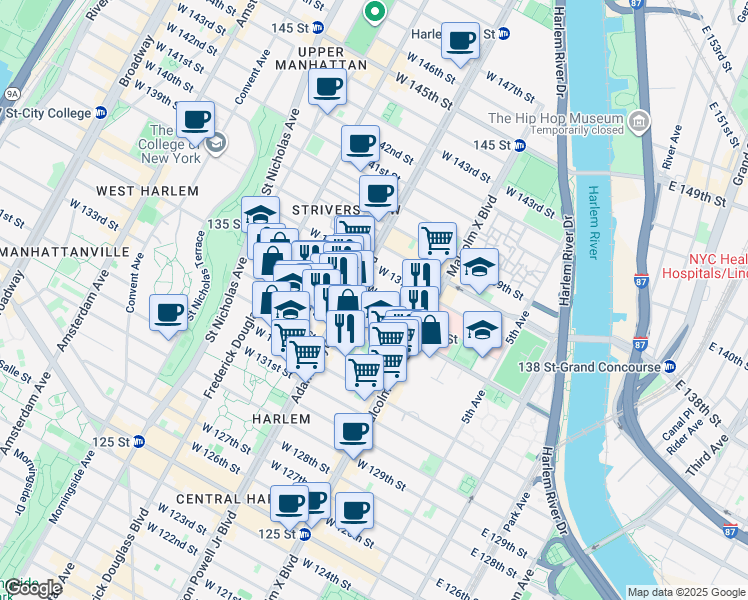 map of restaurants, bars, coffee shops, grocery stores, and more near 139 West 135th Street in New York