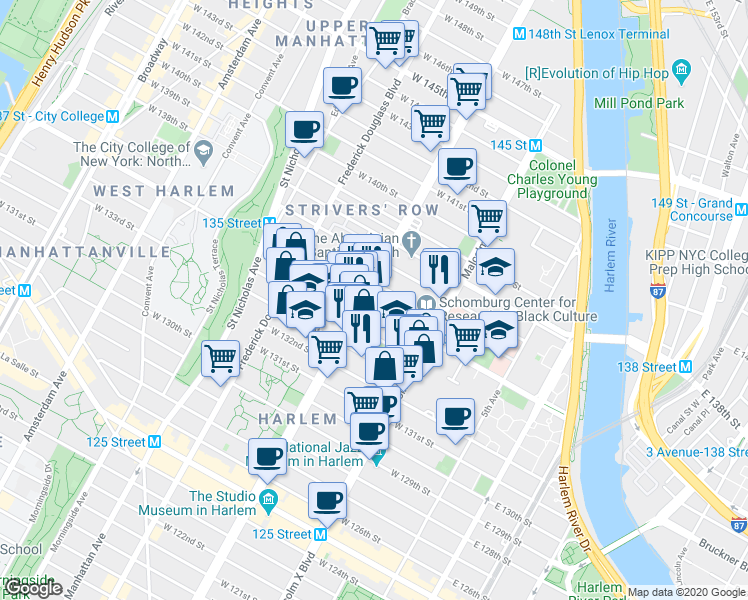 map of restaurants, bars, coffee shops, grocery stores, and more near 139 West 135th Street in New York