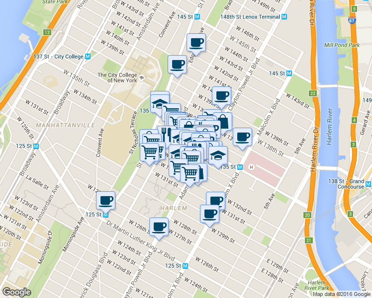map of restaurants, bars, coffee shops, grocery stores, and more near 222 West 134th Street in New York