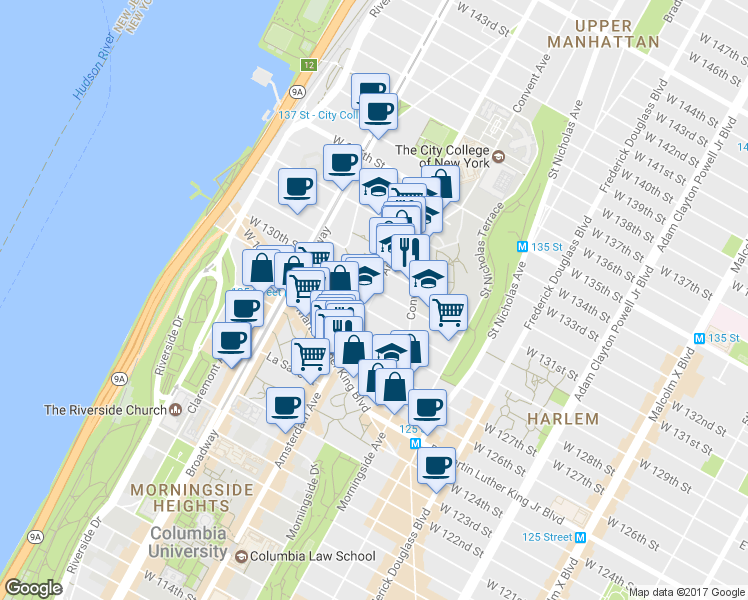 map of restaurants, bars, coffee shops, grocery stores, and more near 1386 Amsterdam Avenue in New York