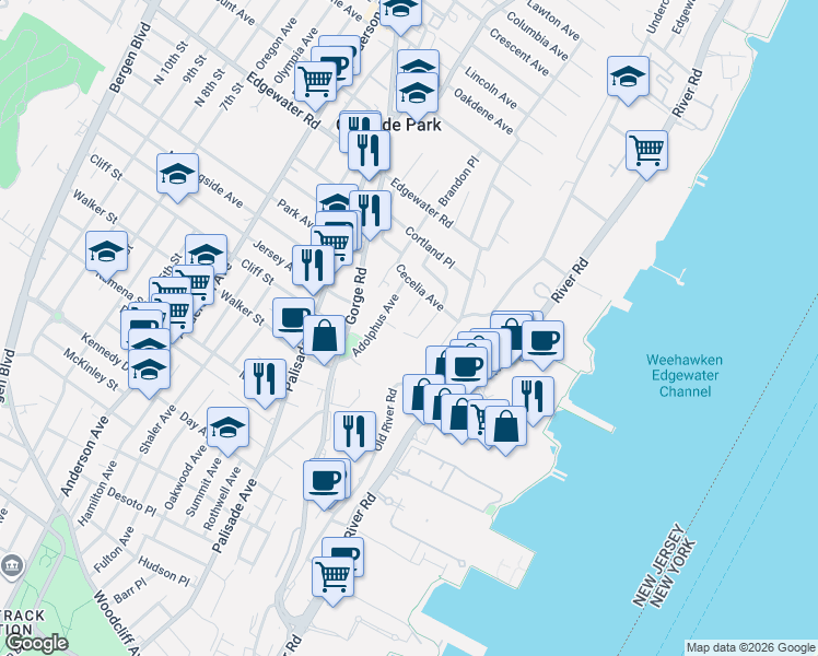 map of restaurants, bars, coffee shops, grocery stores, and more near 31 Overlook Avenue in Cliffside Park