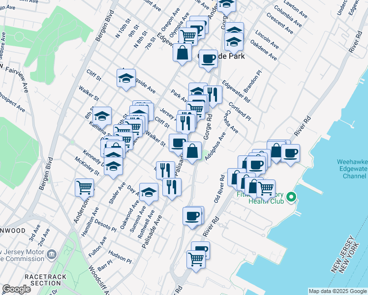 map of restaurants, bars, coffee shops, grocery stores, and more near 185 Cottage Place in Cliffside Park