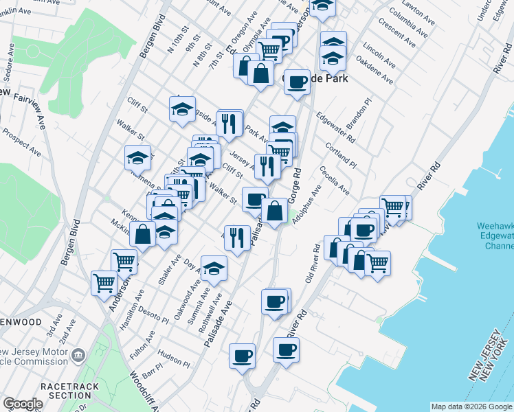 map of restaurants, bars, coffee shops, grocery stores, and more near in Cliffside Park