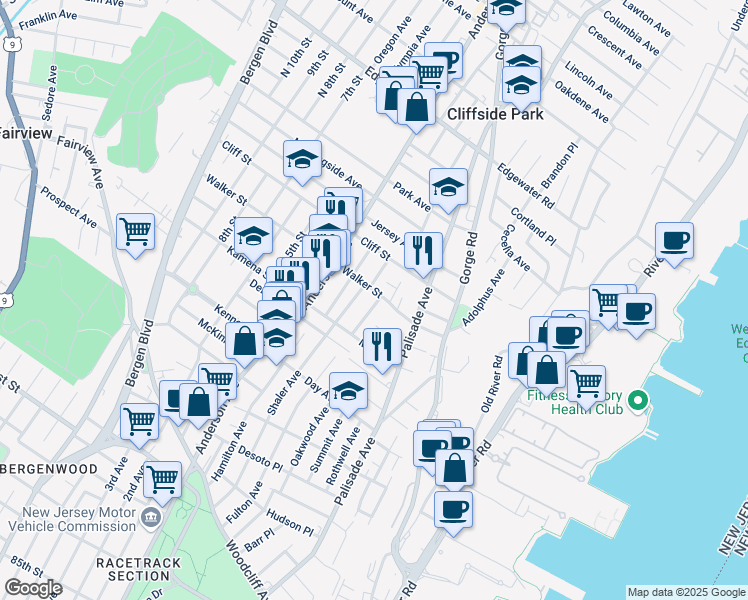map of restaurants, bars, coffee shops, grocery stores, and more near 281 John Street in Cliffside Park