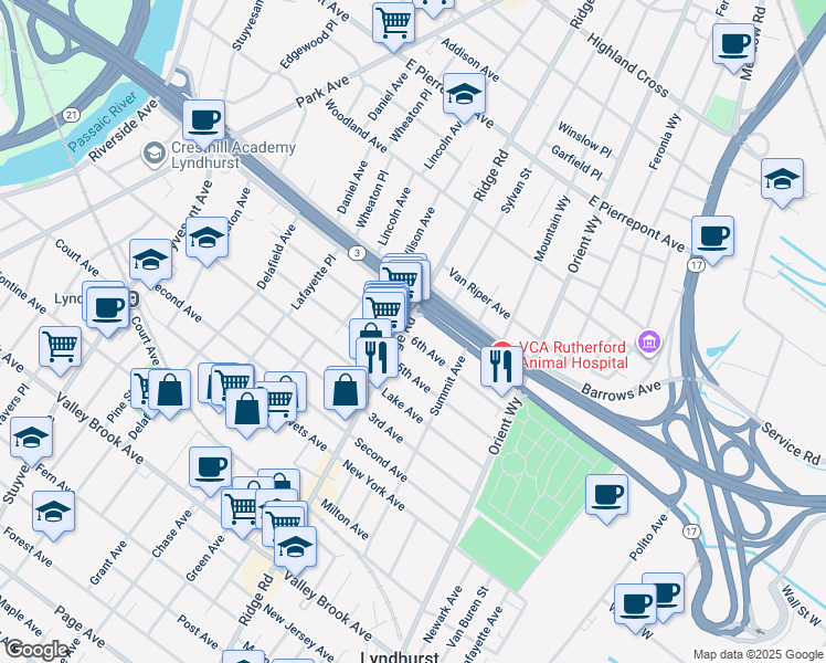 map of restaurants, bars, coffee shops, grocery stores, and more near 28 Ridge Road in Lyndhurst