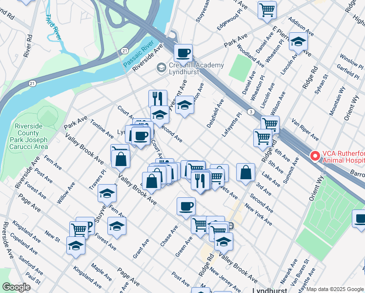 map of restaurants, bars, coffee shops, grocery stores, and more near 400 2nd Avenue in Lyndhurst