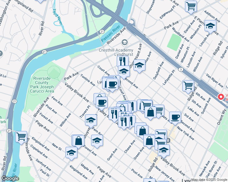 map of restaurants, bars, coffee shops, grocery stores, and more near 250 Stuyvesant Avenue in Lyndhurst