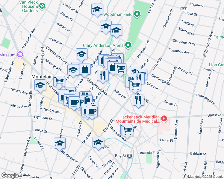 map of restaurants, bars, coffee shops, grocery stores, and more near 85 Greenwood Avenue in Montclair