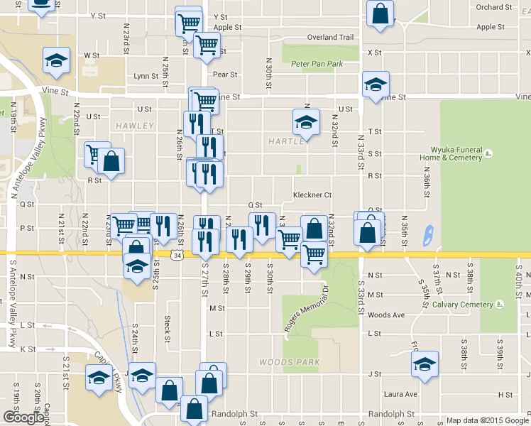 map of restaurants, bars, coffee shops, grocery stores, and more near 2956 P Street in Lincoln