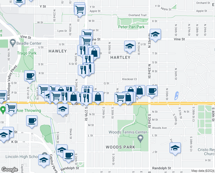 map of restaurants, bars, coffee shops, grocery stores, and more near 2850 P Street in Lincoln