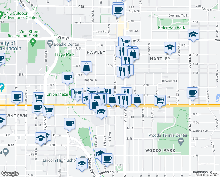 map of restaurants, bars, coffee shops, grocery stores, and more near 2544 P Street in Lincoln