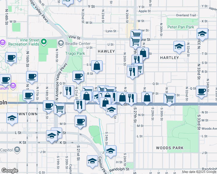 map of restaurants, bars, coffee shops, grocery stores, and more near 207 North 25th Street in Lincoln