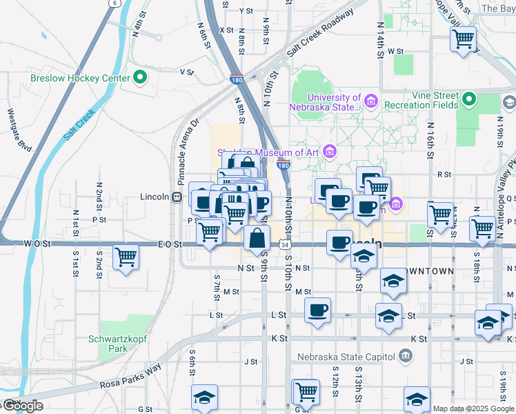 map of restaurants, bars, coffee shops, grocery stores, and more near 810 P Street in Lincoln