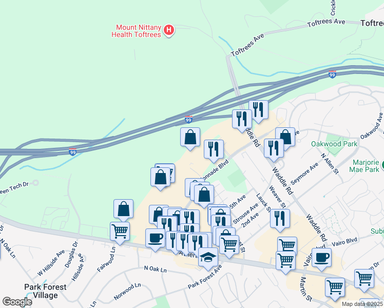 map of restaurants, bars, coffee shops, grocery stores, and more near 275 Colonnade Boulevard in State College