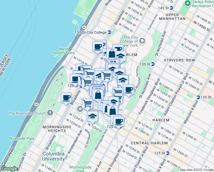 map of restaurants, bars, coffee shops, grocery stores, and more near 1386 Amsterdam Avenue in New York