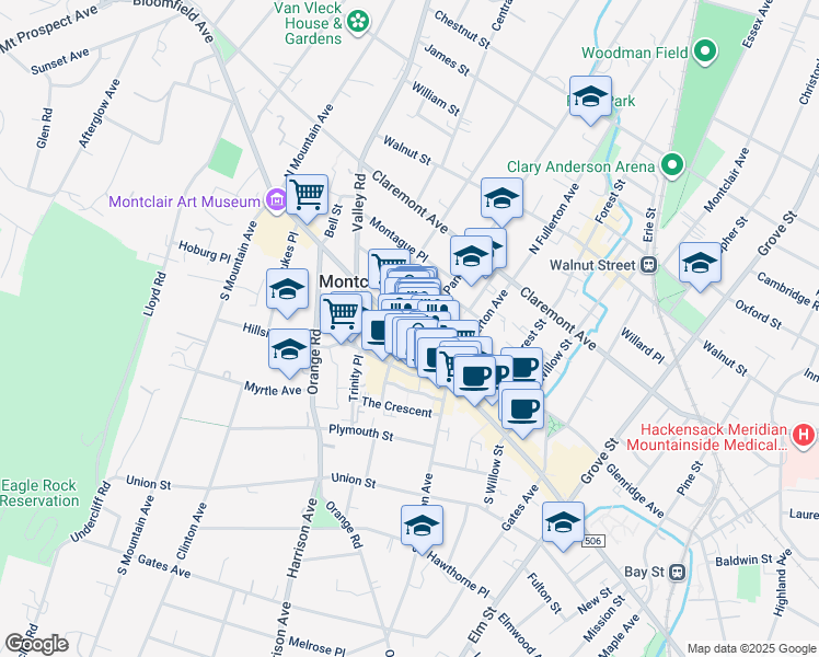 map of restaurants, bars, coffee shops, grocery stores, and more near 513 Bloomfield Avenue in Montclair