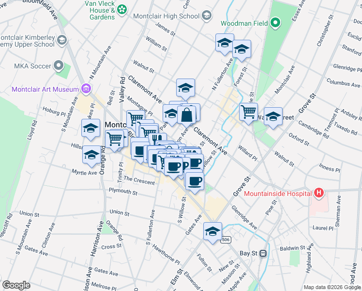 map of restaurants, bars, coffee shops, grocery stores, and more near 39 North Fullerton Avenue in Montclair